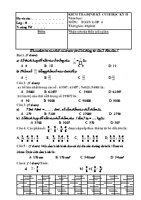 Đề kiểm tra định kỳ cuối học kỳ II môn Toán Lớp 4